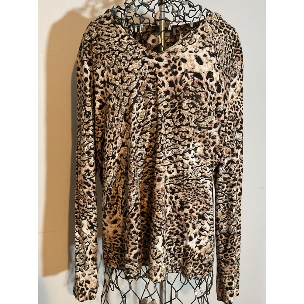Chicos Leopard Print V-Neck Top Gold Foil Shimmer Animal Print Size 2 Large